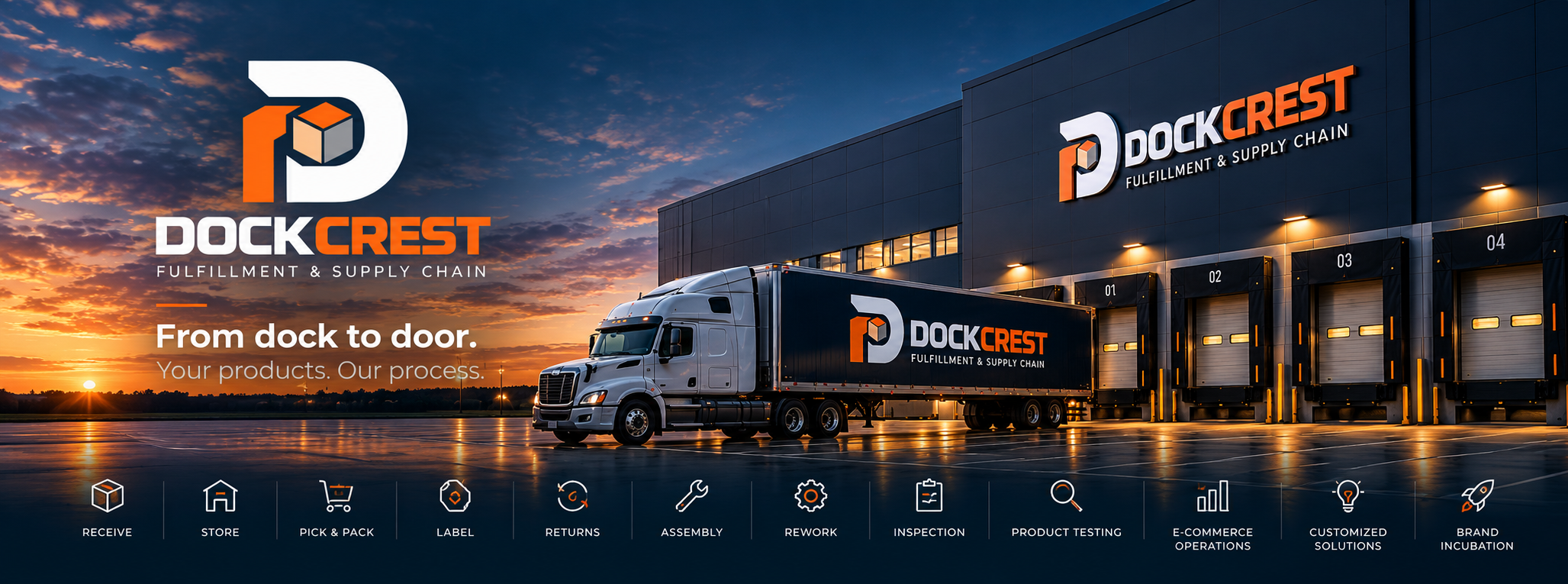 DockCrest. From dock to door. Your products. Our process. Brand illustration of a truck at a warehouse, with receiving, storage, fulfillment, returns and value-added services.